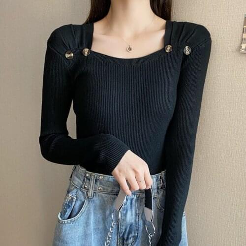 2020 Casual Long Sleeve Autumn Knitted Sweater Women Pullover Square Collar Sweaters Korean Style Winter Slim Buttons Pull Knit