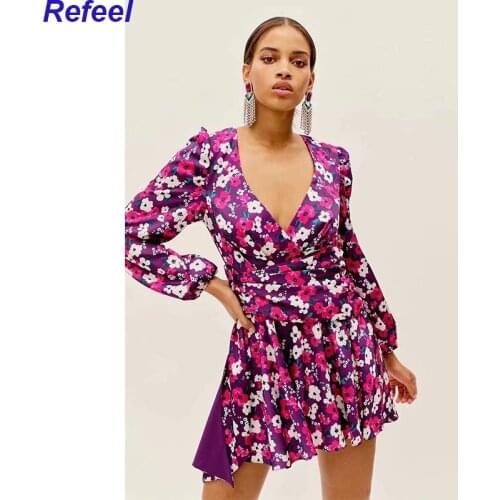 Sexy Hollow Out Floral Print Dress Women Ring Buckle Lace Up V Neck Lantern Sleeve Vestido Mujer Summer Party Short Dress