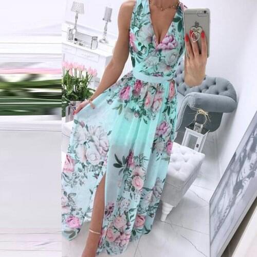 Summer WomenS Dress 2021 Beach Dress Women Deep V-Neck Sleeveless Split Maxi Dress Floral Print Long Dress Vestidos Robe Femme