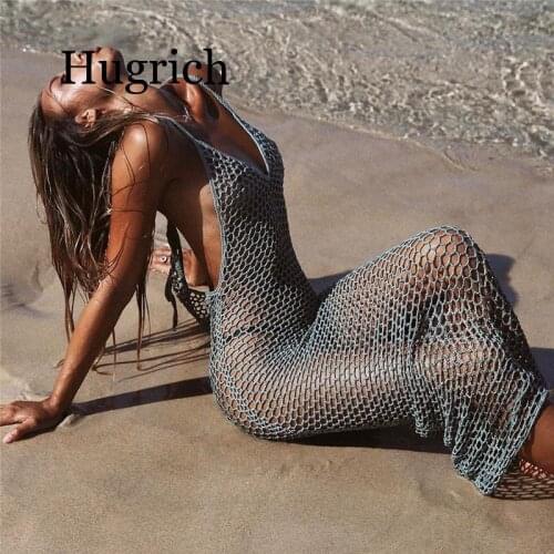 2020 Women Knitted Fishnet Bikinis Cover up Beach Dress Tunic Long Hollow Out Beach Wear Pareo Sexy Crochet Cover-ups Swimsuit