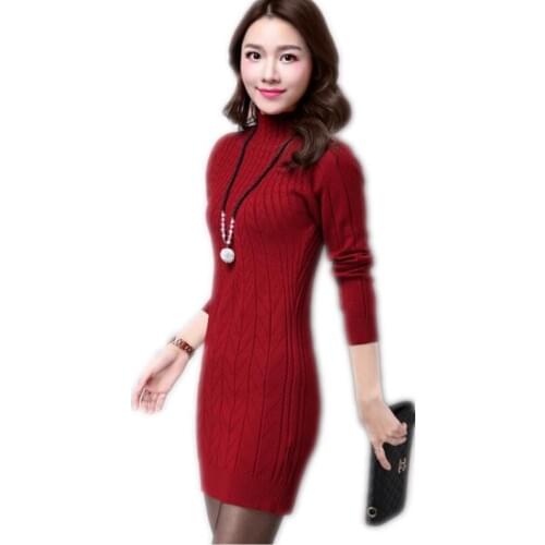 Winter Women Knitted Mini Dress2018New Half-Neck Slim Women Sweater And Pullovers Bottom Knitted Dress Long Sleeve KnitwearQ1025