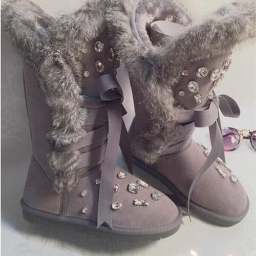 Winter European station leather rhinestone rabbit fur straps snow boots high tube laces womens shoes cotton shoes