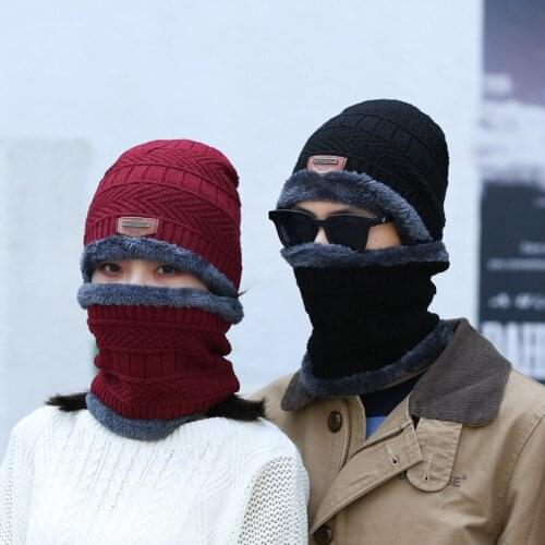 Winter Warm 2pcs Ski Cap&Scarf for Men and Women Kintted Cap Skullies Beanies Unisex Hat with Fleece Velvet Winter Cap