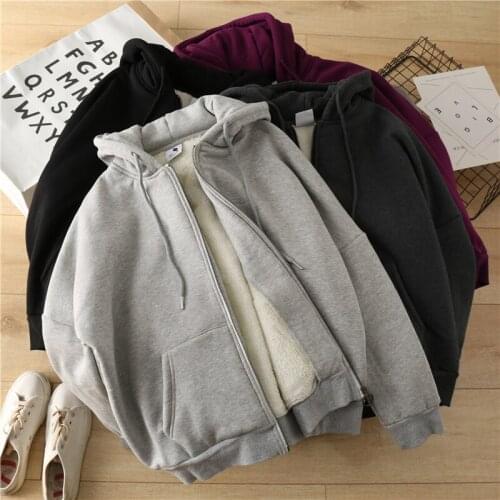 Winter Womens Wool Liner Cotton Hoodies Casual Lamb velvet Zip-up Thick Sweatshirt All-Match Solid Hooded Autumn clothes Hoodie