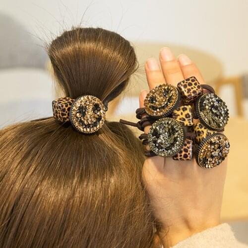 1pc/lot Hair Bows Rubber Band Hair Ring For Girl Simple Leopard Print Smile Face Crystal Elastic Hair Bands Hair Accessories