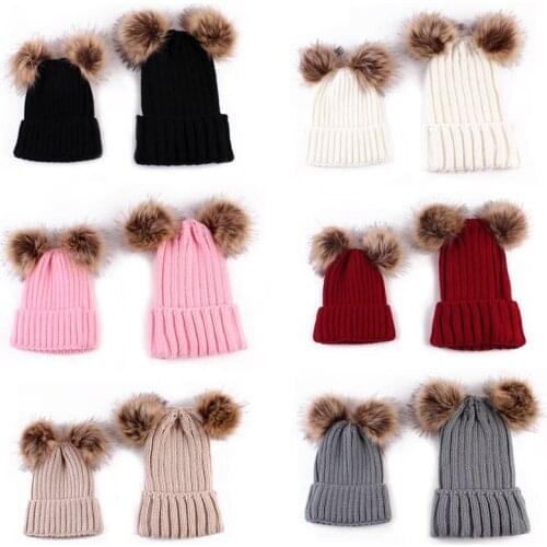 2pcs/set Parent-child Caps Cute Kids Toddler Baby Mom Faux Fur Pompom Ball Cap Boys Girls Winter Beanie Hat Warm Knitted Hat