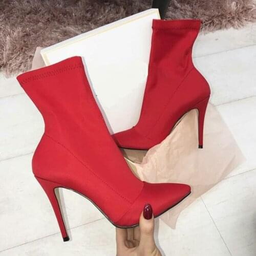 2020 Women 11.5cm High Heels Fetish Silk Sock Boots Stretch Stiletto Heels Red Neon Ankle Boots 42 Shoes