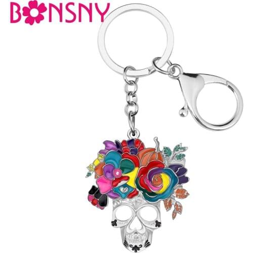 Bonsny Floral Enamel Alloy Halloween Flower Skull Keychains Keyring Jewelry For Women Kid Girls Fashion Gift Purse Bag Accessory