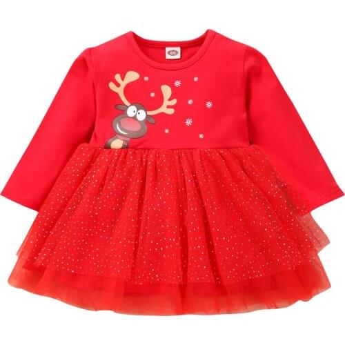 Girl’s Long-sleeved Mesh Yarn Dress Fashion Christmas Reindeer Round Neck Children Princess Dress Navidad Infant Mini Vestidos