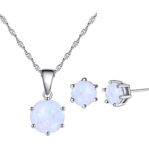 Elegant Faux Opal Pendant Chain Necklace Stud Earrings Women Jewelry Present bisuteria mujer