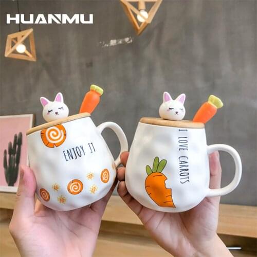 400ml Cute Bunny Rabbit Ceramics Mug With Lid Spoon Set Handgrip Milk Water Juice Mugs Tea Cup Japanese Style Kawaii Gift Home