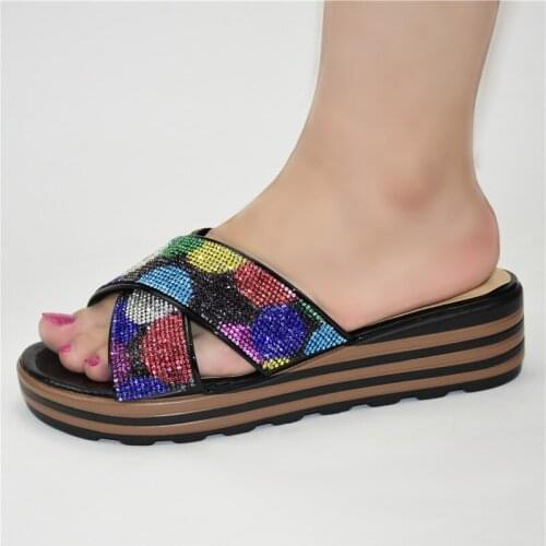 Nice Black African Womens Medium Heel Causal Slipper Shoes With Colorful Rhinestones 222-5 Heel Height 4CM