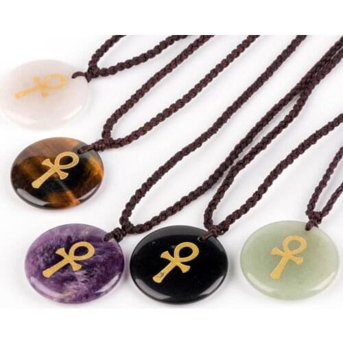 Natural crystal round piece creative fashion jewelry life symbol Ankh cross necklace pendant religious faith reiki jewelry