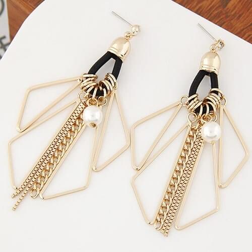 LEMOER Boho Fashion Gold color Geometric Multi Triangle Pearl Chain Tassels Drop Earrings Brincos Jewelry for Women Dress Party