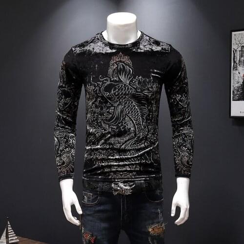Luxury Round Autumn Neck Fish Printing Velvet Slim Men TShirt Club Outfit Velvet T Shirt Men Slim Fit Long Sleeve T Shirt Homme