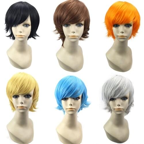 Men Short Wig Cosplay Costume Synthetic Hair Black White Rose Red Blue Brown Grey Wigs For Halloween Party Dress Up C17K164