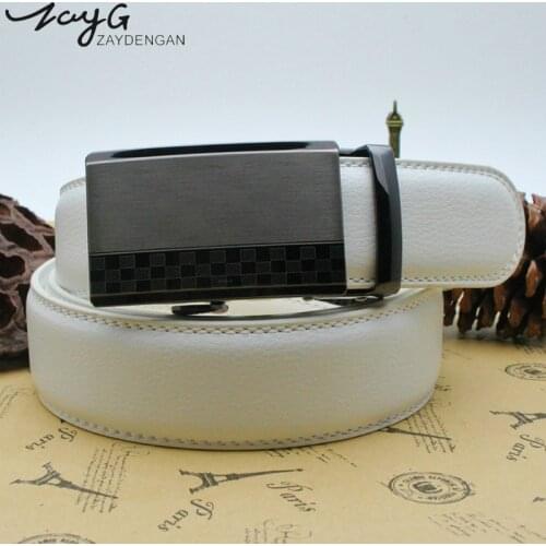 ZAYG Men High Quality Belt Men Luxury Leather White Belt Men Strap Alloy Lattice Stitching Automatic Buckle Fashion Style Belt
