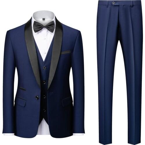New Style Men Suits Navy Blue Groom Tuxedos Shawl Black Lapel Groomsmen 3 Pieces Set ( Jacket + Pants + Vest + Bow Tie) D367