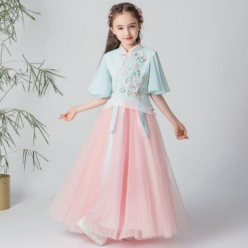 Chinese style embroidery princess dress children improved Hanfu girls new sleeves summer dress girl retro fairy daily Wear