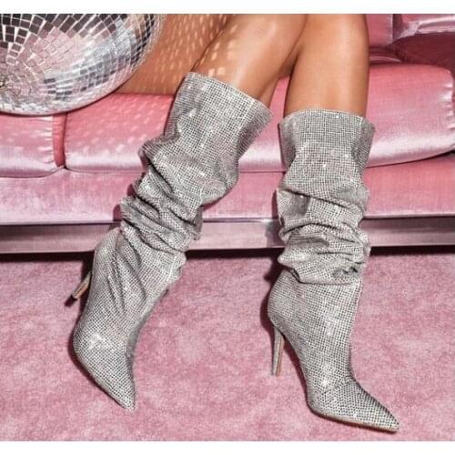 Luxury bling bling crystal embellished knee high boots pointed toe rhinestone wide calf boot for women sexy thin heel boot