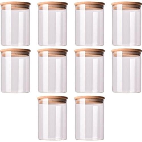 10pcs Wood Lid Glass Jar Kitchen Storage Bottles Jars Food Container Tea Coffee Beans Grains Candy Jar Containers
