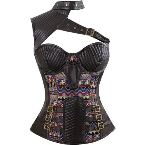 Gothic Steampunk Women Sexy Faux Leather Spiral Steel Boned Overbust Corset Shrug Retro Corsets Bustiers Waist Training Top