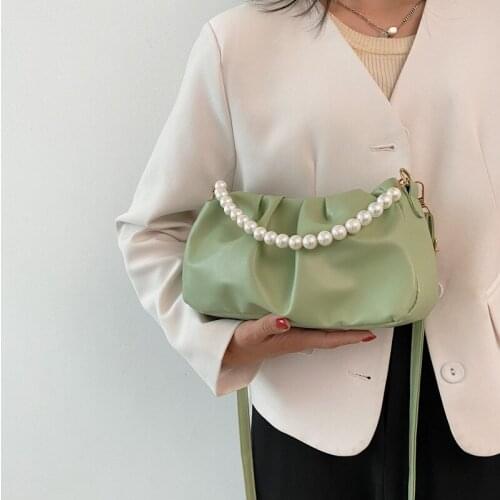 Womens Shoulder/crossbody Bag Solid Color Pearls Chain Pleated Leather Elegant Handbags Wholesale 2021 New Fashion Female Bags