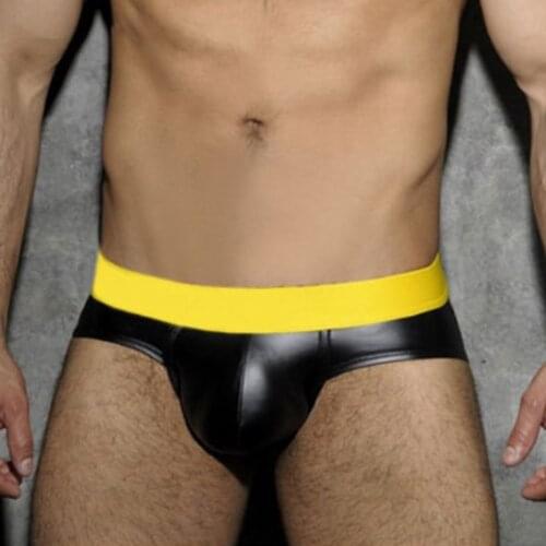 Mens Briefs Sexy Underwear Contrast Color Low Waist Briefs Faux Leather Thong Panties Elastic Underpants Male Clothes New