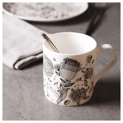 High Quality Up to 45% Bone China Ceramic Mugs Simple Black White Graffiti Bird Flower Breakfast Milk Mug Handgrip 280ml