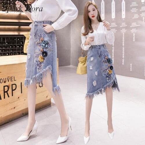 SparkDora New Autumn Fashion Womens Denim Skirts All-match Flower Embroidery Tassel Skirts Irregular Students Jean Skirts