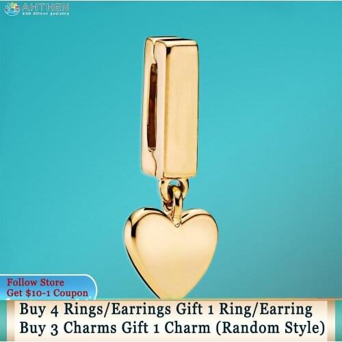 Ahthen 925 Sterling Silver Golden Heart Dangle Clip Charm fit Original Pandora Reflexion Bracelets for Women Jewelry Girl Gift