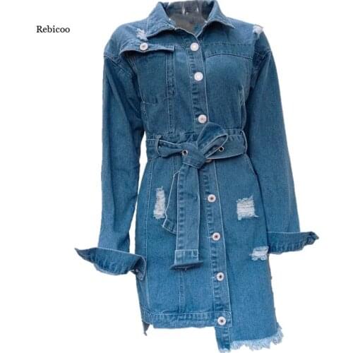 Women Denim Dress Casual High Street Turndown Collar Long Sleeve Single Pocket Dress Fashion Vintage Belt Dress Spring New