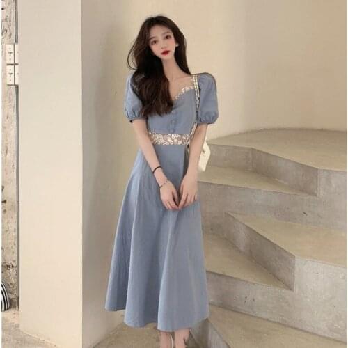 Women Sweet Retro French Retro Puff Sleeve Square Neck Lace Hollow Long Waist Dress Female Summer