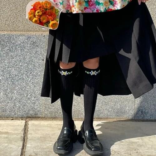 1 Pair Women Socks Striped Middle Tube Crystal Diamond Decorative All Match Harajuku Ladies Girl Sweet Princess Socks