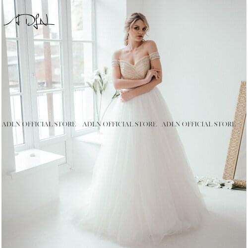 ADLN Sexy Off-shoulder A Line Wedding Gown High Quality Beaded Tulle White Ivory Bridal Dresses for Wedding
