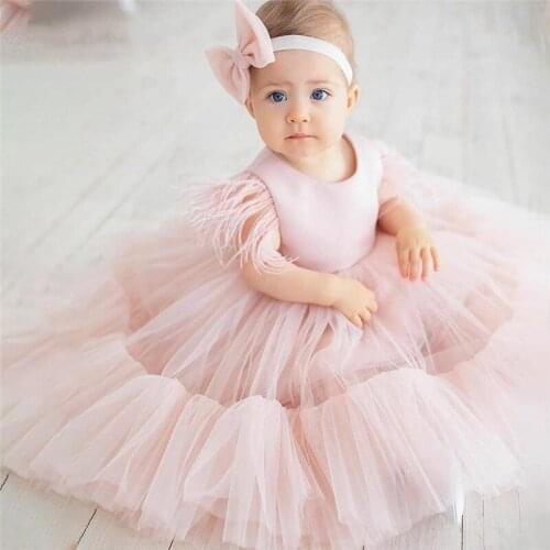 Pink Baby Girls First Birthday Dress Rufflers Puffy Tulle Feather Little Girl Birthday Party Gown Lovely Girl Clothes Photoshoot