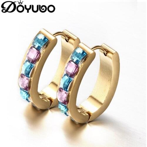 DOYUBO Elegant Womens 316L Stainless Steel Gold Hoop Earrings With Beauty Colorful Rhinestone Lady Fashion Round Earrings DB009