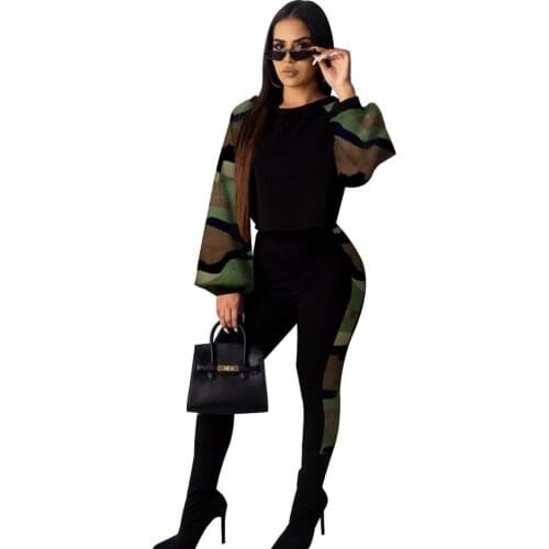 Camouflage Leopard Patchwork Two Piece Set Women Lantern Sleeve Sweatshirt Top Pencil Pants Suit Streetwear 2 Piece Club Outfits