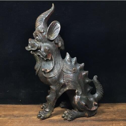 11"Chinese temple collection Old Bronze Cinnabar Lacquer unicorn Mythical beast Ornaments Town House Exorcism