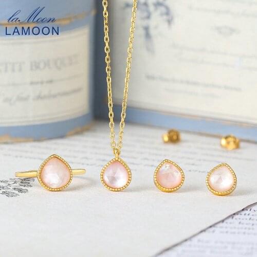 LAMOON Sweet Pink Peach Jewelry Set For Women Girl 925 Silver Natural White Crystal Pink Shell 14K Gold Pated Fine Jewelry V085