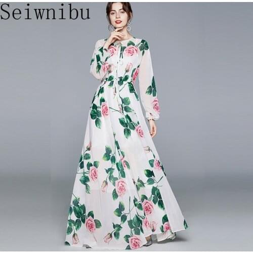 Seiwnibu Summer Fashion Runway Boho Maxi Dresses Womens Long Sleeve Rose Flowers Print Holiday Elegant Party Long Dress