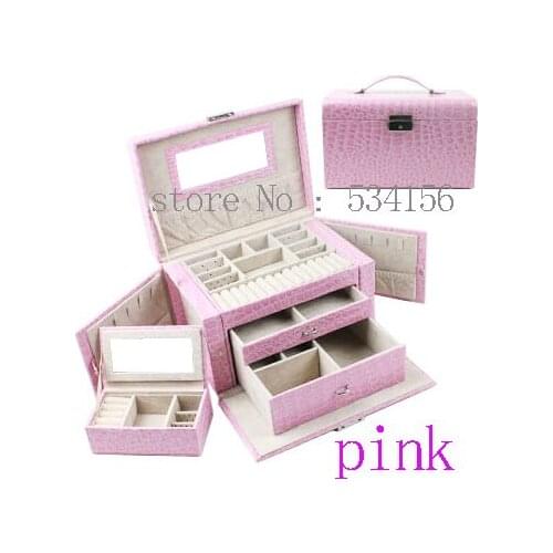 Lovely pink Practical multifunctional 3 layer watch box earrings necklaces pendants leather jewelry box gift box