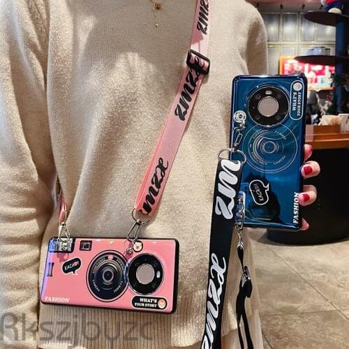 For Huawei P Smart 2020 Fashion Camera Phone Case For P Smart Z PSmart Plus 2019 Silicone Soft Blue Light Back Cover With Strap