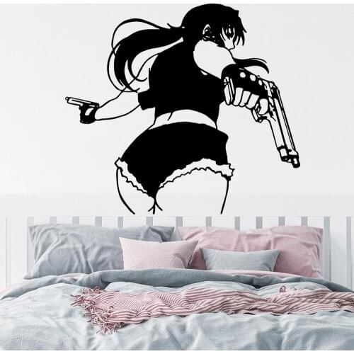 Cartoon Anime Sexty Girl With Gun Wall Decal Bedroom Playroom Japan Manga Beauty Weapon Wall Sticker Vinyl Home Decor