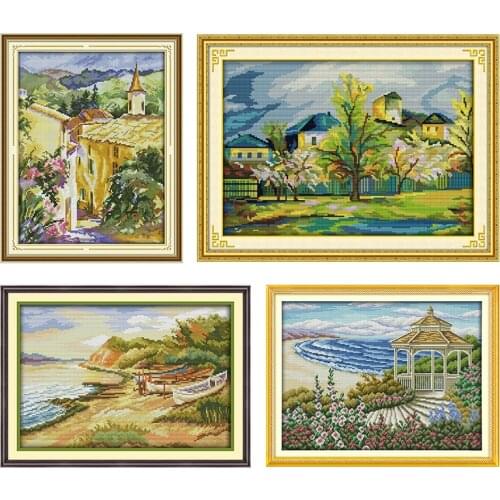 Cross Stitch Kit Embroidery Needlework Beautiful Village Patterns Stamped 11CT 14CT Print Thread Canvas Counted Fabric Decor Set