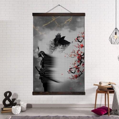 Wall Art Canvas Painting Prints and Posters Scroll Hanging Poster Modern Picture for Home Decoration Samurai Art Crow Wings Back