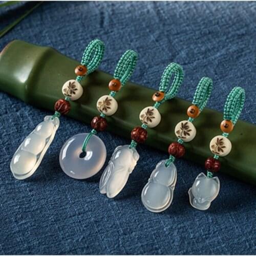 Natural Stone Fox Cicada GourdPendant KeyChain Hand-carved Agates Lucky Amulet Keyring Gifts for Men and Women Luck Gifts