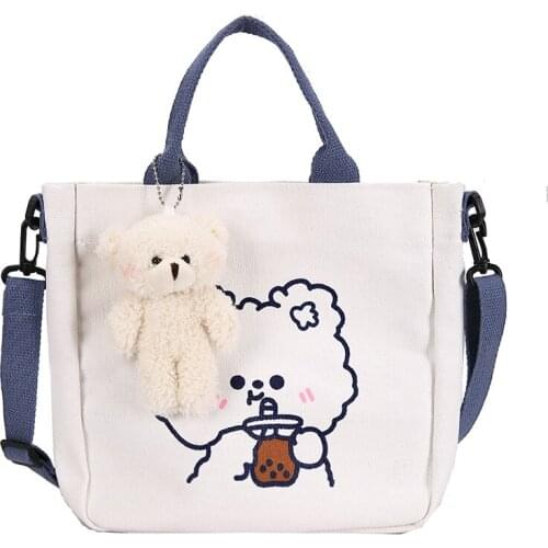 2021 Year New Canvas Bag Korean Cute Bear Design Bag Womens Printed One Shoulder Slant Cross Bag Handbag