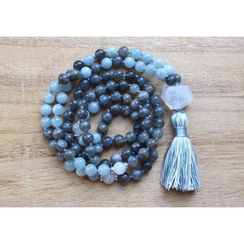 Natural Labradorite 108 Mala Bead Necklaces Meditation Mala Necklace Yoga Jewelry Tassel Necklace Hand Knotted Prayer Necklace