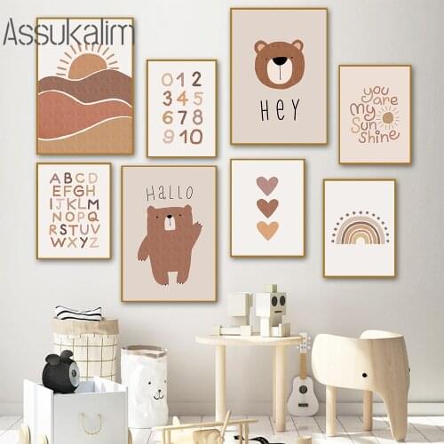 Bear Poster ABC Alphabet Posters Nursery Wall Art Painting Sun Rainbow Canvas Print Boho Wall Pictures For Kids Room Decoration
